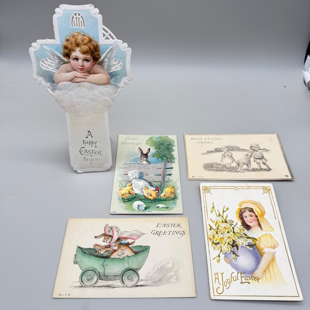 Antique Easter Postcard Lot Die Cut Cherub Cross 1913 Nebraska Postmark Set of 5